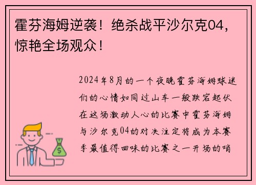 霍芬海姆逆袭！绝杀战平沙尔克04，惊艳全场观众！